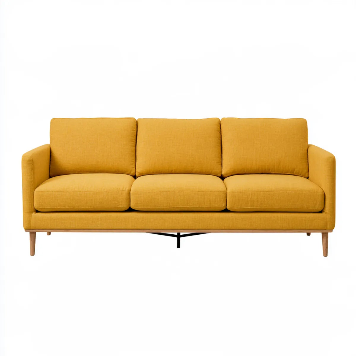 83 x 35 x 34 in 3-Seat Mustard Yellow Polyester Upholstered Sofa with Solid Rubberwood Legs