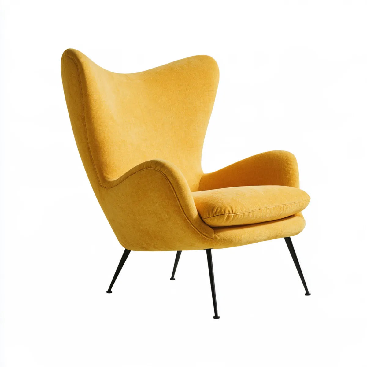 Yellow Polyester Velvet Wingback Armchair with Black Steel Legs, 29 x 34 x 40 in