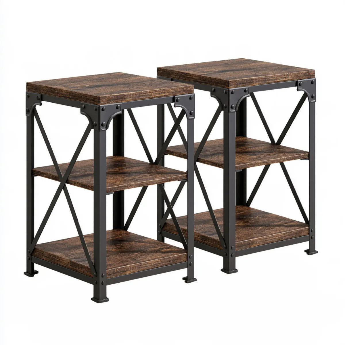 Industrial Square End Table Set of 2, 15.7 x 15.7 x 23.6 in, Rustic Brown MDF and Steel