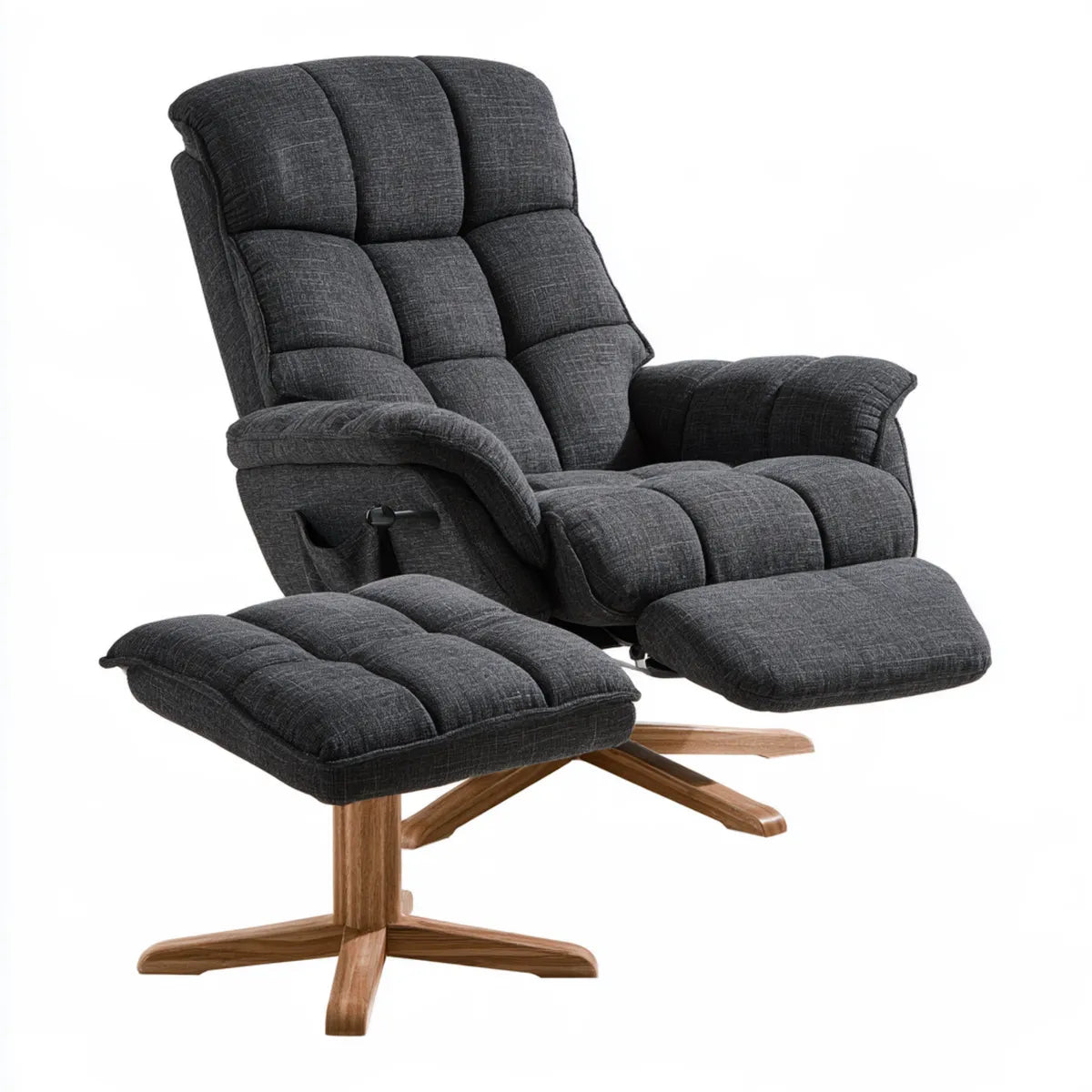 Manual Recliner Armchair and Swivel Ottoman Set, Dark Gray Polyester Upholstery with Brown Wood Base, Chair 31.5 x 35 x 40 in, Ottoman 20 x 18 x 17 in