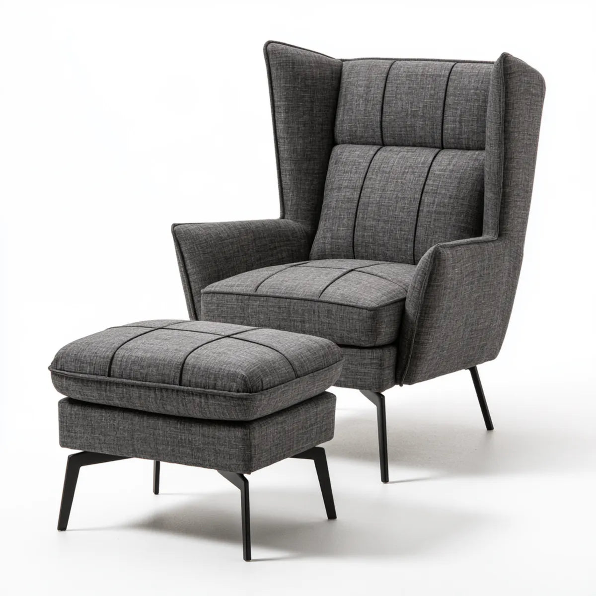 Gray Wingback Armchair and Ottoman Set with Polyester Upholstery and Steel Legs, Chair 31.5 x 35 x 41.7 in