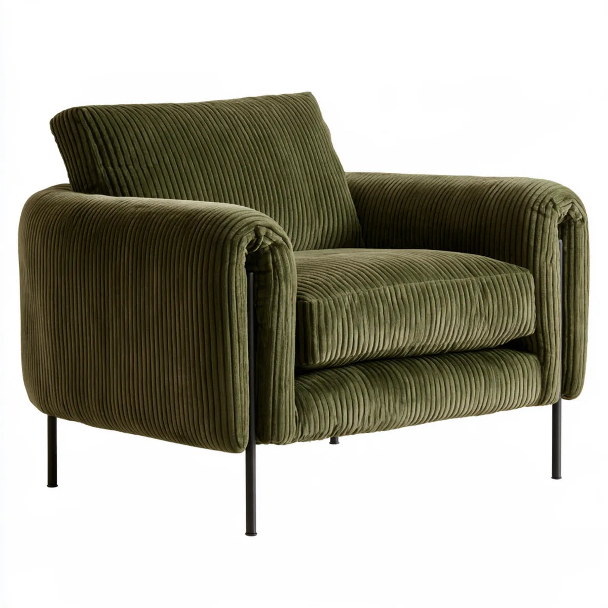Corduroy Upholstered Armchair with Black Steel Legs, Olive Green, 33.9 x 33.1 x 30.7 in