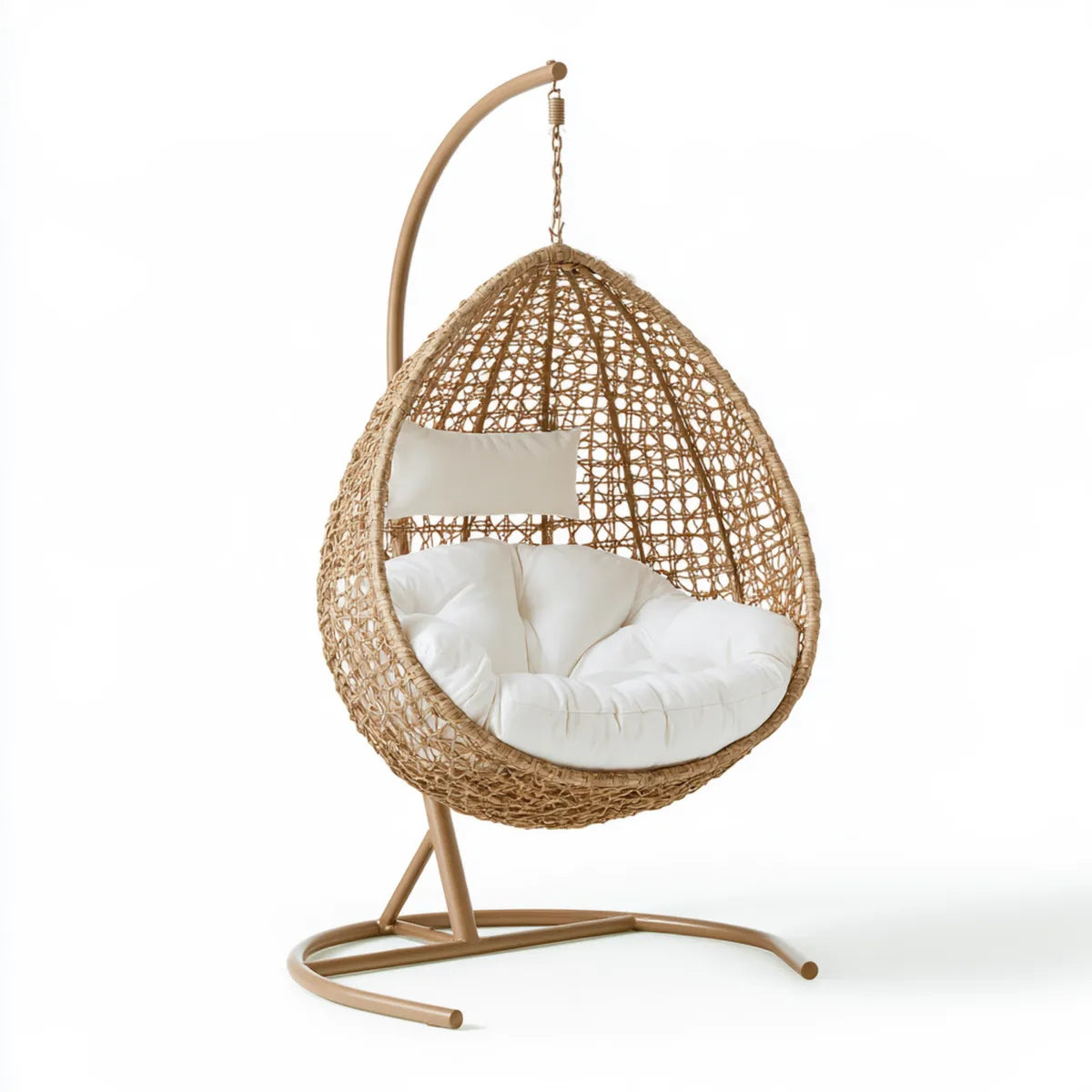 Egg Hanging Chair with Stand, 102 x 102 x 195 cm, Tan and White PE Rattan Steel Oval Swing Chair