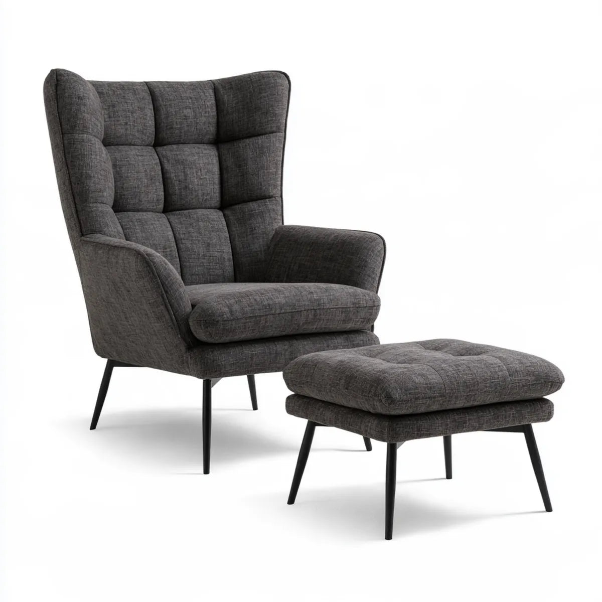 Dark Gray Polyester Wingback Accent Chair and Ottoman Set, 33.5 x 35.4 x 41.3 in, Black Steel Legs