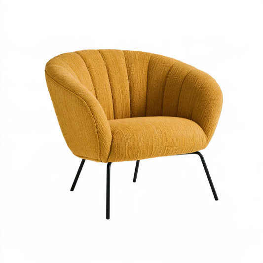 Mustard Yellow Barrel Armchair with Polyester Bouclé Upholstery and Black Steel Legs, 31.5 in W x 30 in D x 31 in H