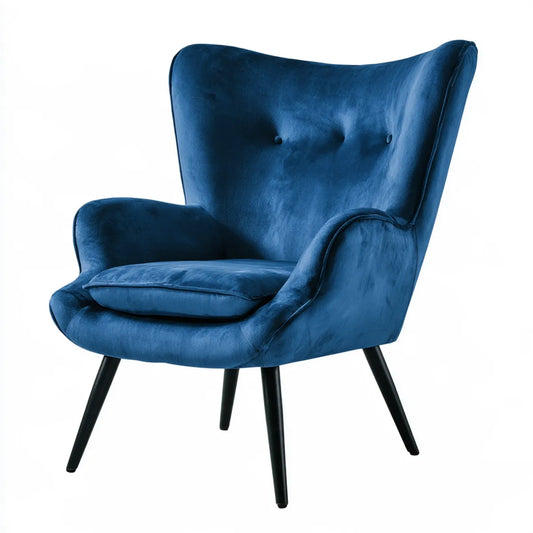 Blue Polyester Velvet Wingback Armchair with Steel Legs, 31.5 x 33.5 x 41.3 in