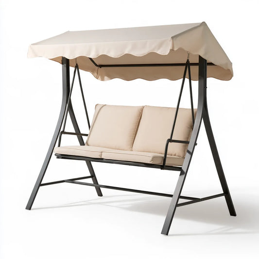 2-Seat Outdoor Patio Swing with Beige Polyester Canopy and Cushions, Black Powder-Coated Steel Frame, 170 x 110 x 153 cm