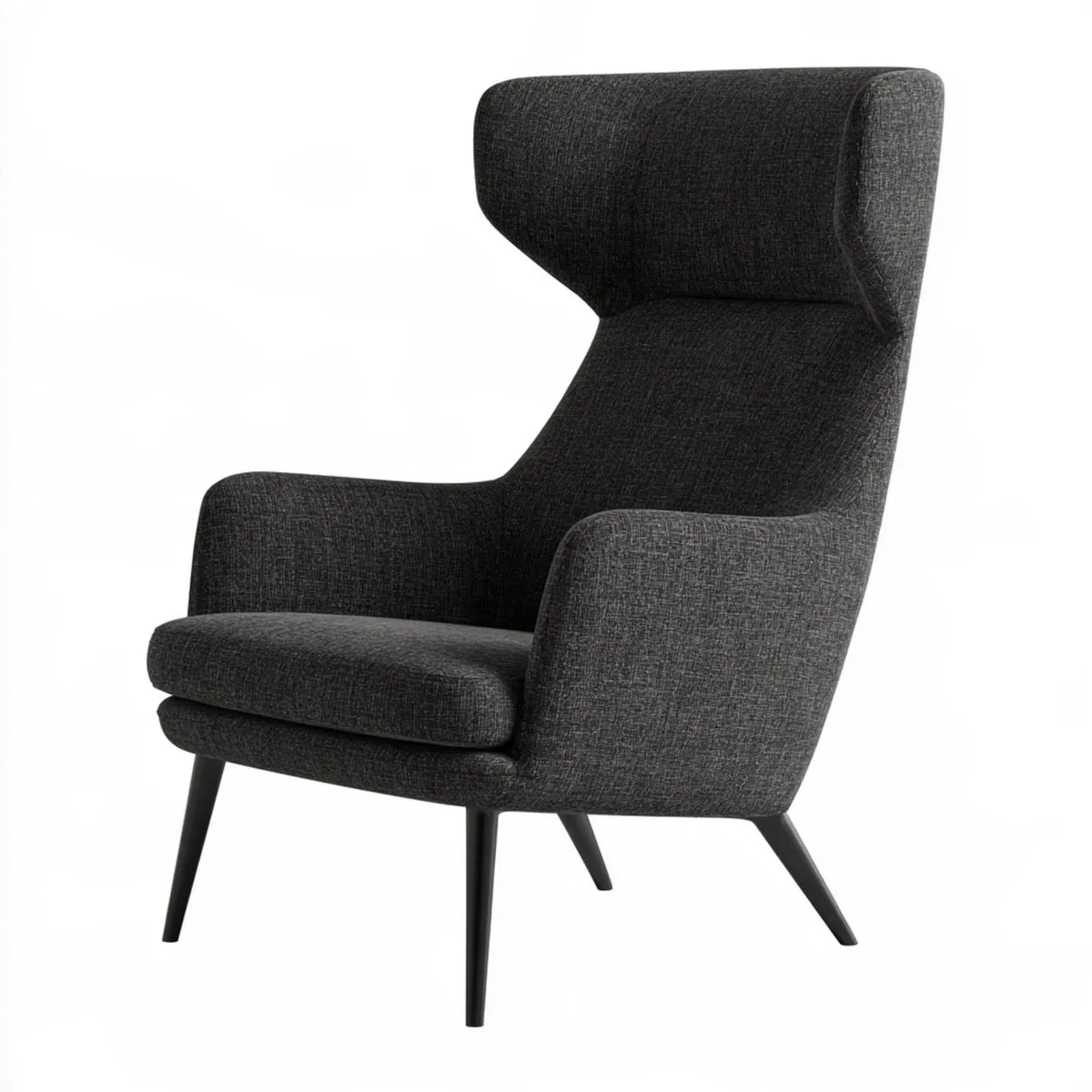 High Back Wingback Armchair, 30 x 34 x 43 in, Dark Gray Polyester Upholstered Foam-Padded Chair with Tapered Steel Legs