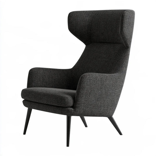 High Back Wingback Armchair, 30 x 34 x 43 in, Dark Gray Polyester Upholstered Foam-Padded Chair with Tapered Steel Legs