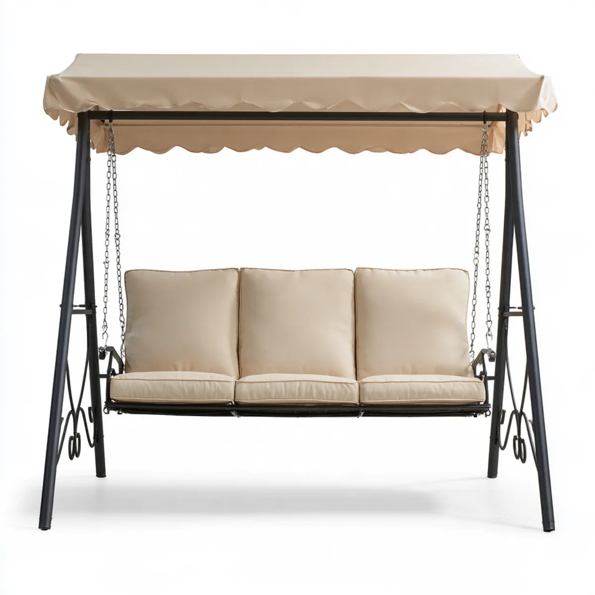 3-Seat Outdoor Patio Porch Swing with Canopy, 67.7 x 44.1 x 65.7 in, Beige Polyester and Black Powder-Coated Steel