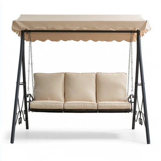 3-Seat Outdoor Patio Porch Swing with Canopy, 67.7 x 44.1 x 65.7 in, Beige Polyester and Black Powder-Coated Steel