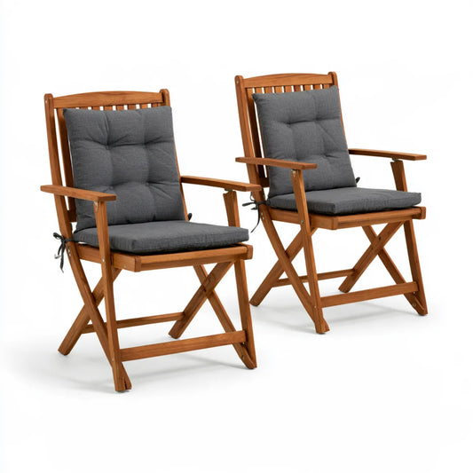 2-Piece Folding Garden Armchair Set, 54 x 69 x 105 cm, Brown Solid Acacia Wood with Dark Gray Polyester Cushions