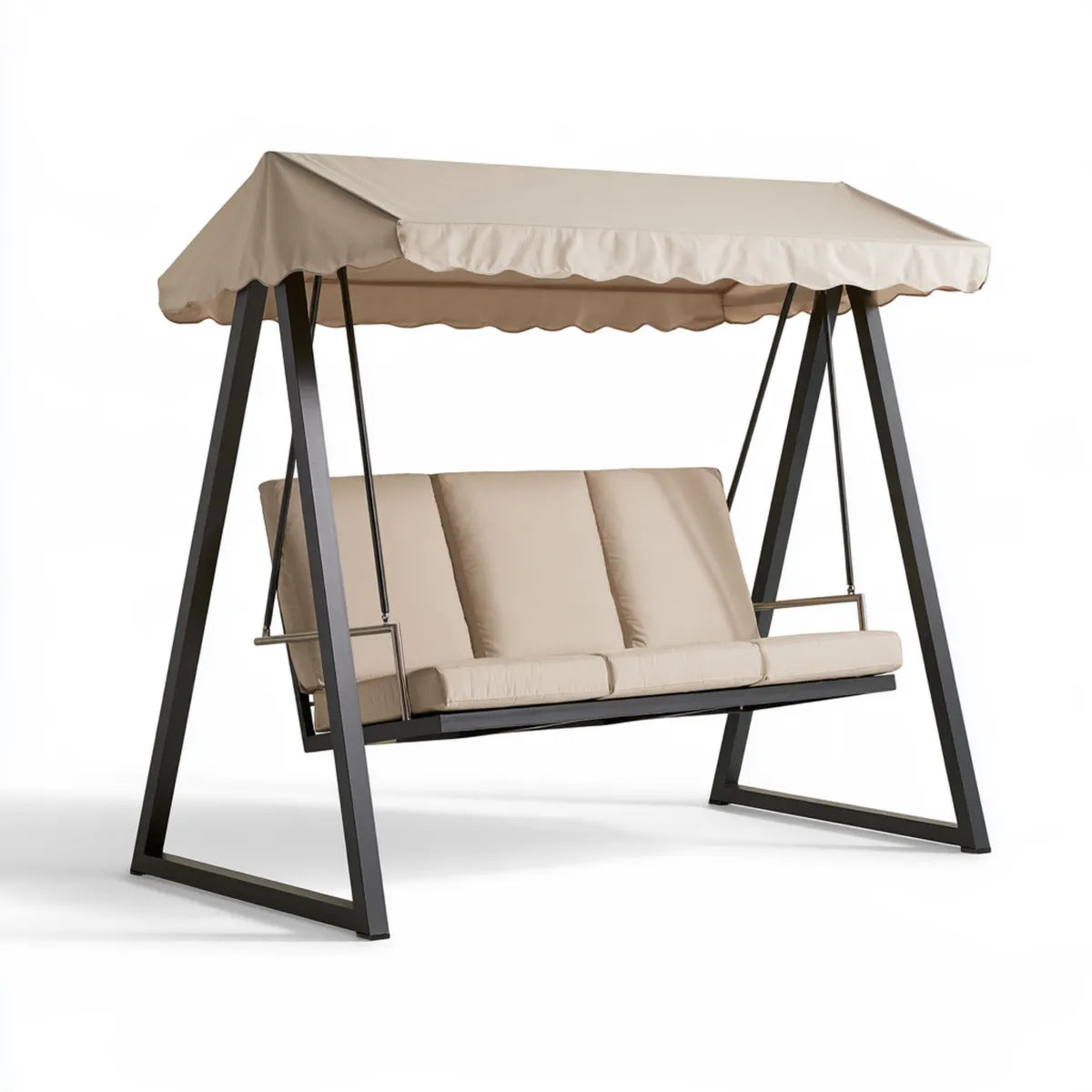 3-Seat Outdoor Patio Porch Swing with Canopy, 78.7 x 47.2 x 70.9 in, Beige Polyester and Black Powder-Coated Steel