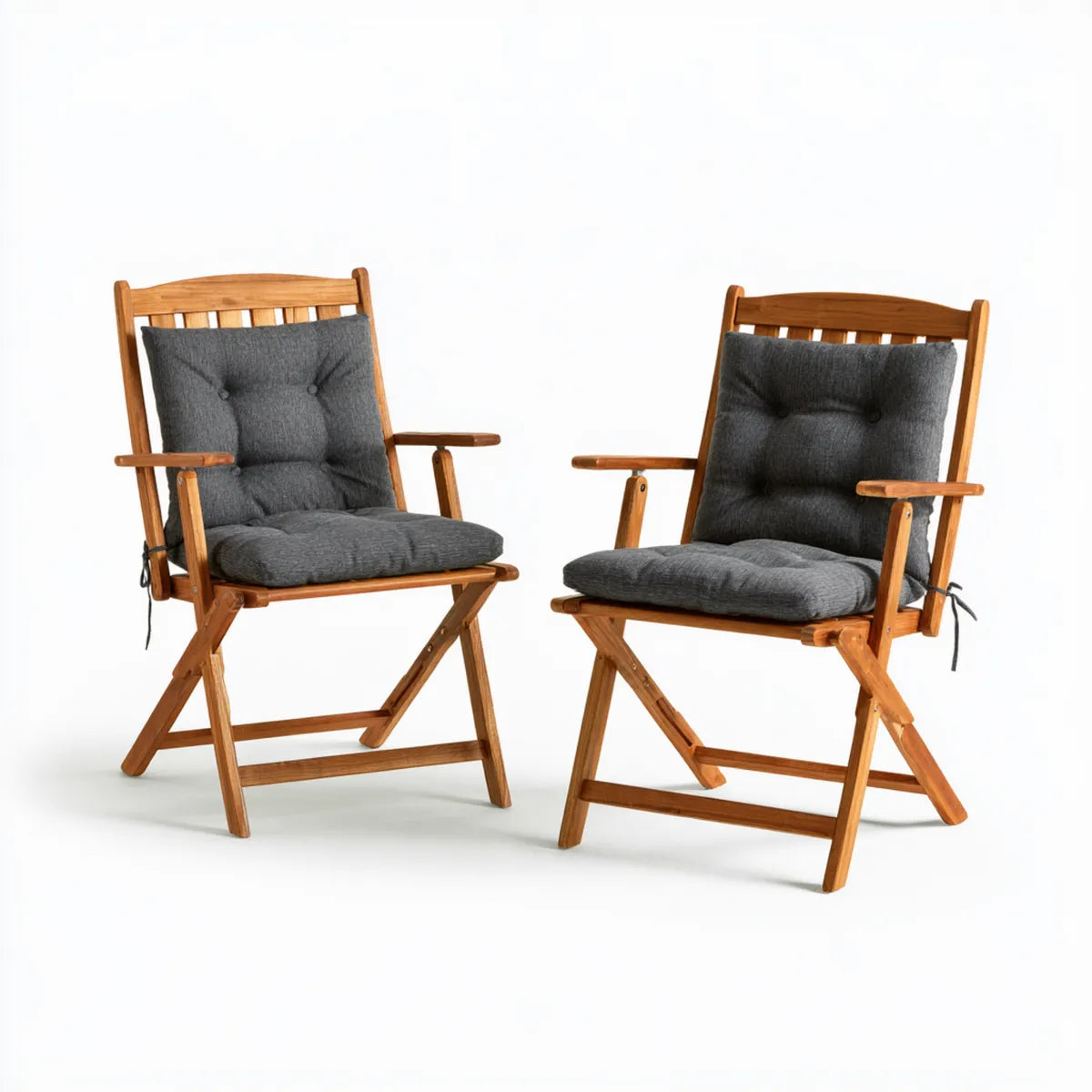 2-Piece Folding Outdoor Garden Armchair Set, 57 x 65 x 90 cm, Gray Cushions, Solid Acacia Wood