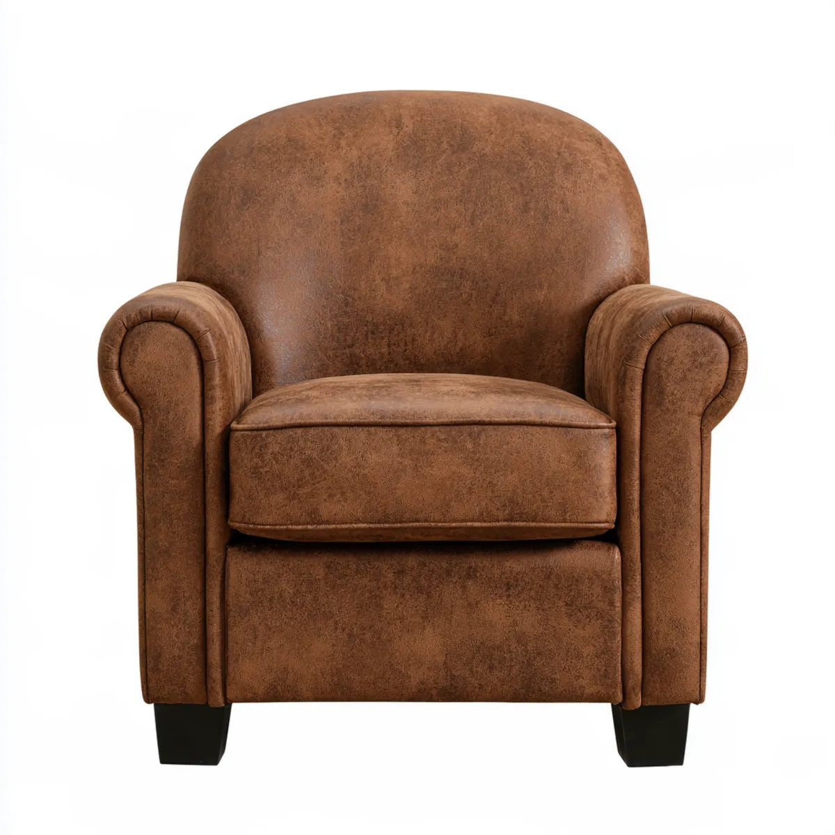 Brown PU Leather Rolled Armchair with Black Feet, 34 in W x 35 in D x 36 in H
