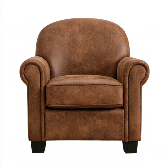 Brown PU Leather Rolled Armchair with Black Feet, 34 in W x 35 in D x 36 in H