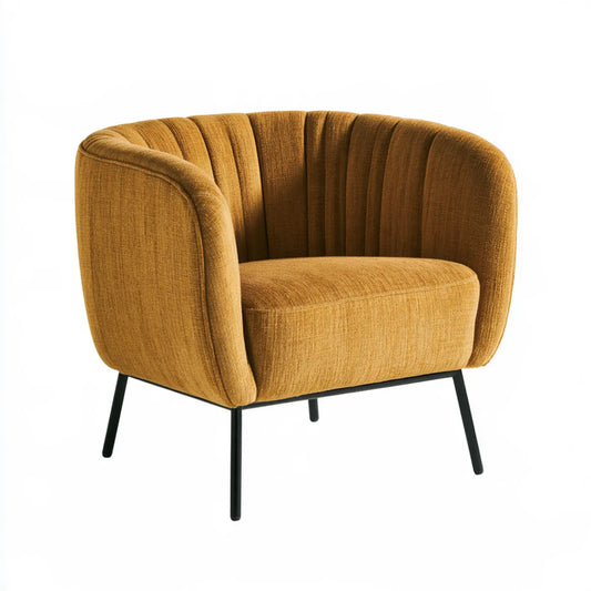 Mustard Upholstered Barrel Armchair, 76 cm W x 78 cm D x 76 cm H, Rounded Polyester Chenille Chair with Black Metal Legs