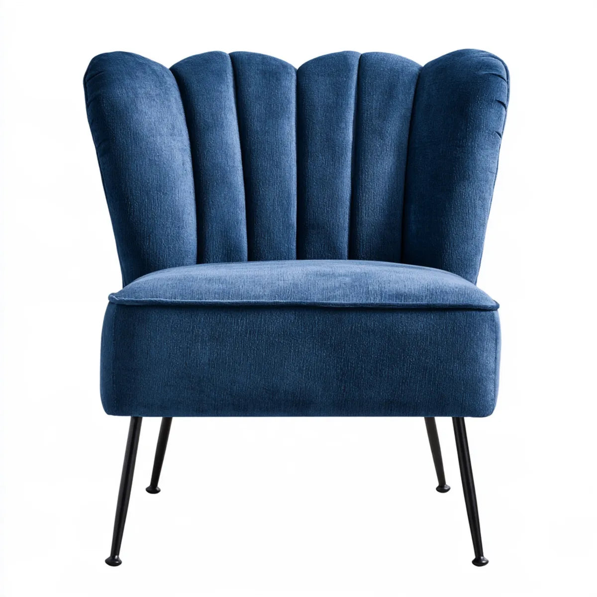Blue Polyester Velvet Scalloped Back Accent Armchair with Black Metal Legs, 31.5 in W x 31.1 in D x 33.9 in H