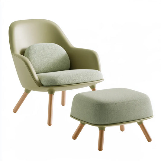 Sage Green Plastic and Fabric Armchair with Ottoman Set, Wood Legs, 29.5 x 31.5 x 35 in