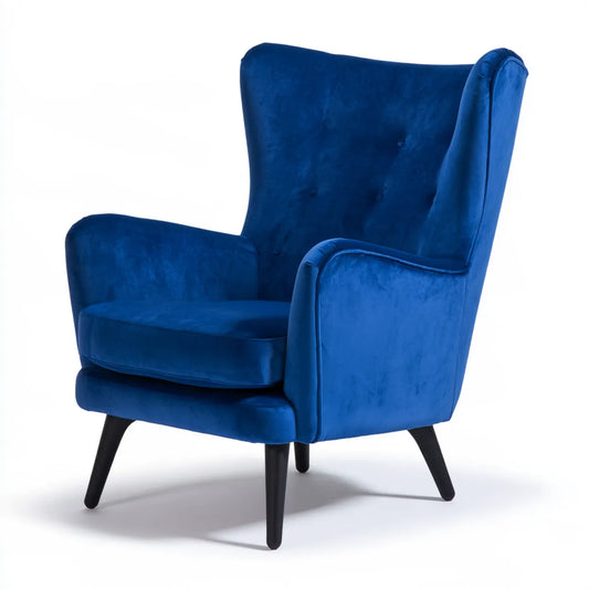 Blue Polyester Velvet Upholstered Wingback Armchair, 30 W x 32 D x 41 H in, Black Wood Legs