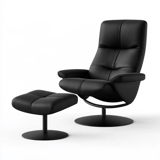 Black PU Leather Swivel Lounge Armchair with Ottoman, 31.5 x 33.5 x 39.4 in