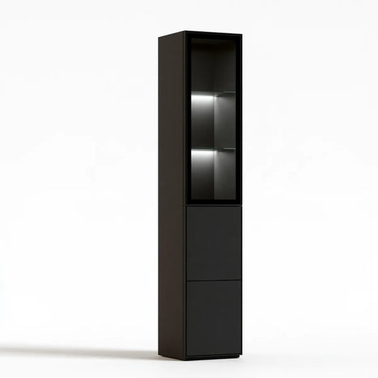 Tall Black MDF Display Cabinet with Tempered Glass and LED Lighting, 40 x 35 x 180 cm