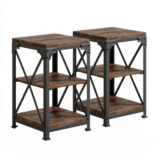 Industrial Square End Table Set of 2, 15.7 x 15.7 x 23.6 in, Rustic Brown MDF and Steel