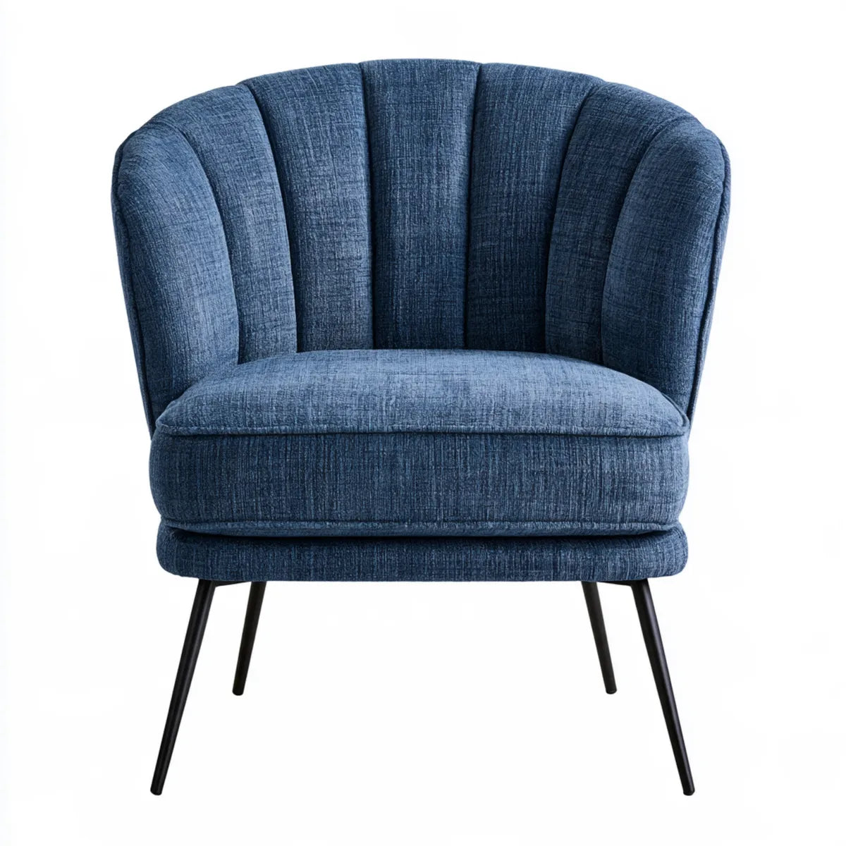 Upholstered Barrel Armchair, 31.5 x 30 x 32 in, Blue Polyester Fabric, Steel Legs