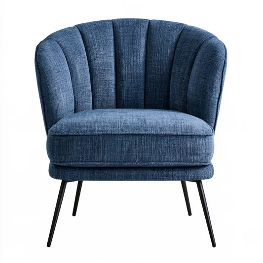Upholstered Barrel Armchair, 31.5 x 30 x 32 in, Blue Polyester Fabric, Steel Legs