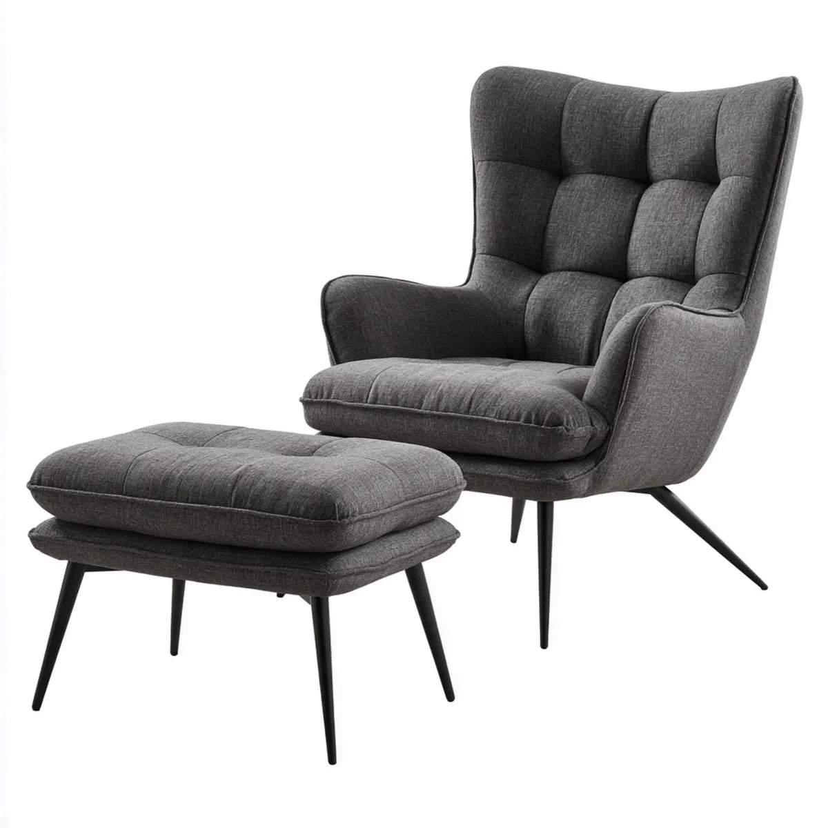 Charcoal Gray Polyester Wingback Armchair and Ottoman Set with Steel Legs, 31.5 x 35.4 x 41.3 in