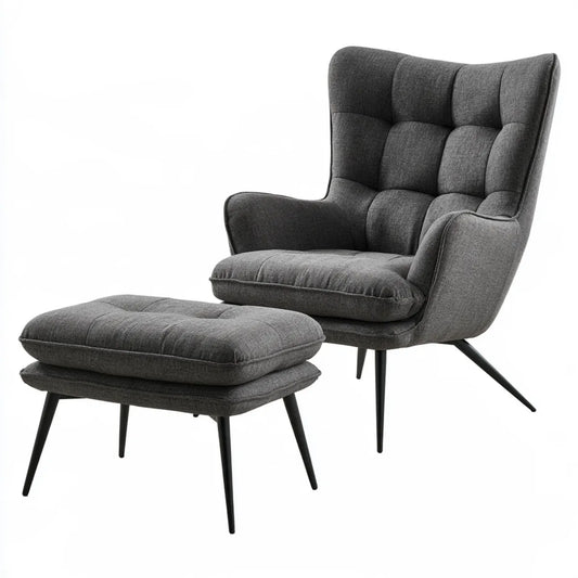 Charcoal Gray Polyester Wingback Armchair and Ottoman Set with Steel Legs, 31.5 x 35.4 x 41.3 in