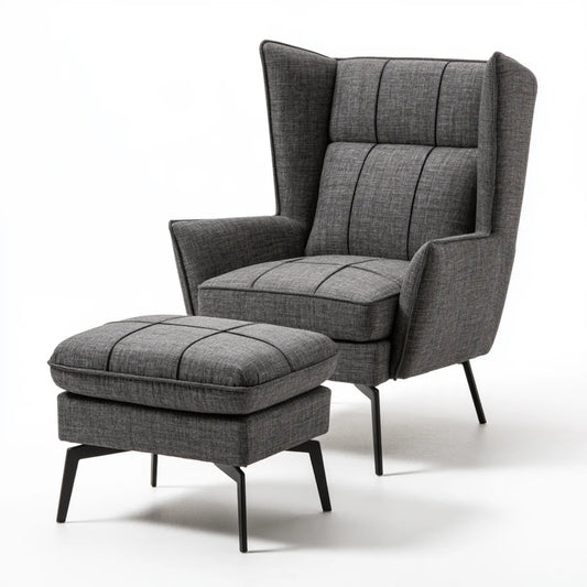 Gray Wingback Armchair and Ottoman Set with Polyester Upholstery and Steel Legs, Chair 31.5 x 35 x 41.7 in