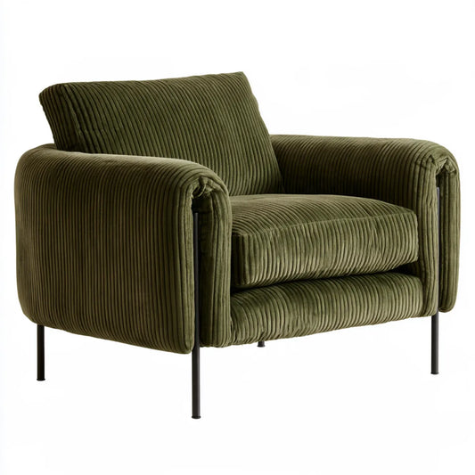Corduroy Upholstered Armchair with Black Steel Legs, Olive Green, 33.9 x 33.1 x 30.7 in
