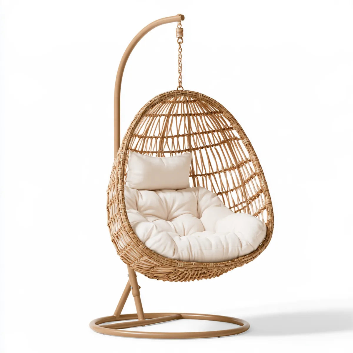 Hanging Egg Chair with Steel Stand, Cushion and Pillow, 95 x 95 x 195 cm, Natural PE Rattan, Tan and Beige