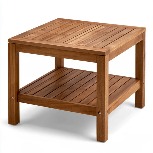 Square Solid Acacia Wood Side Table with Lower Shelf, 20 x 20 x 18 in, Brown